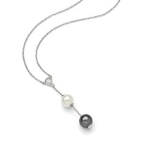 Sterling Silver Rhodium-plated 10-11mm White and Grey Imitation Shell Pearl CZ Y-Drop Spring Ring Clasp Necklace, 18" view 2