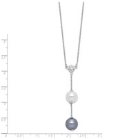 Sterling Silver Rhodium-plated 10-11mm White and Grey Imitation Shell Pearl CZ Y-Drop Spring Ring Clasp Necklace, 18" view 3