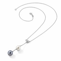 Sterling Silver Rhodium-plated 10-11mm White and Grey Imitation Shell Pearl CZ Y-Drop Spring Ring Clasp Necklace, 18" view 5