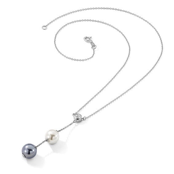 Majestik Sterling Silver Rhodium-plated 10-11mm White and Grey Imitation Shell Pearl and CZ Spring Ring Clasp 18 inch Necklace