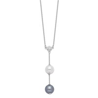 Sterling Silver Rhodium-plated 10-11mm White and Grey Imitation Shell Pearl CZ Y-Drop Spring Ring Clasp Necklace, 18" view 1