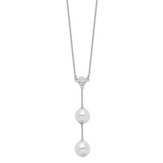 Majestic Sterling Silver Rhodium-plated 10-11mm White Imitation Shell Pearl CZ Y-Drop Spring Ring Clasp 18 inch Necklace