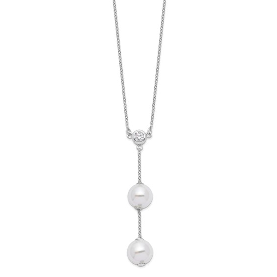 Majestic Sterling Silver Rhodium-plated 10-11mm White Imitation Shell Pearl CZ Y-Drop Spring Ring Clasp 18 inch Necklace