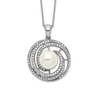 Sterling Silver Majestik Rh-plated 10-11mm Imitat Shell Pearl CZ Necklace view 1