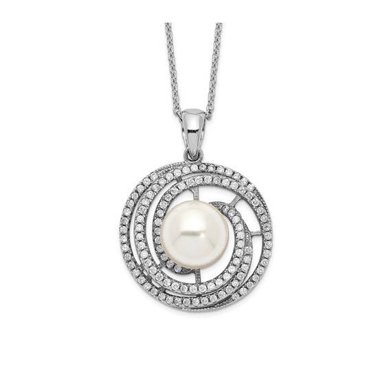 Sterling Silver Majestik Rh-plated 10-11mm Imitat Shell Pearl CZ Necklace