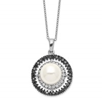 Sterling Silver Majestik Rhod-plated 10-11mm Shell Blk Wht CZ Necklace view 1