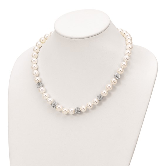 Majestik Sterling Silver Rhodium-plated 10-11mm White Imitation Shell Pearl Crystal Hand-knotted Necklace