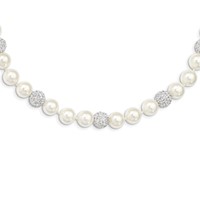 Majestik Sterling Silver Rhodium-plated 10-11mm White Imitation Shell Pearl Crystal Hand-knotted Necklace view 1
