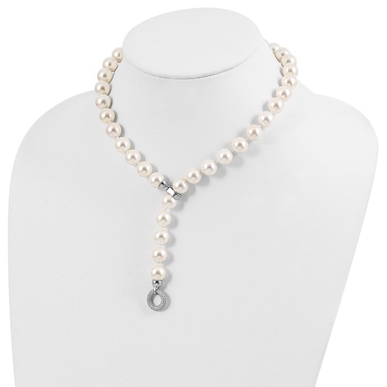 Majestik Sterling Silver Rhodium-plated 12-13 White Imitation Shell Pearl Hand-knotted CZ Fancy Clasp Necklace