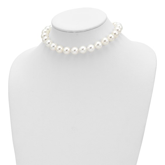 Majestik Sterling Silver Rhodium-plated 12-13 White Imitation Shell Pearl Hand-knotted CZ Fancy Clasp Necklace