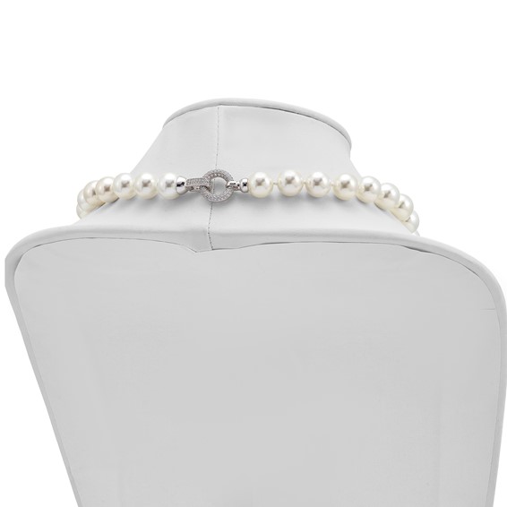 Majestik Sterling Silver Rhodium-plated 12-13 White Imitation Shell Pearl Hand-knotted CZ Fancy Clasp Necklace