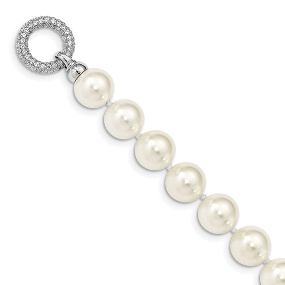 Majestik Sterling Silver Rhodium-plated 12-13 White Imitation Shell Pearl Hand-knotted CZ Fancy Clasp Necklace