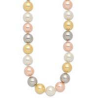 Sterling Silver Rhodium-plated 12-13mm Yellow, Pink and White Multi-Color Imitation Shell Pearl Hand-knotted Necklace, 18" view 2