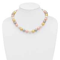 Sterling Silver Rhodium-plated 12-13mm Yellow, Pink and White Multi-Color Imitation Shell Pearl Hand-knotted Necklace, 18" view 3