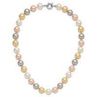 Sterling Silver Rhodium-plated 12-13mm Yellow, Pink and White Multi-Color Imitation Shell Pearl Hand-knotted Necklace, 18" view 4