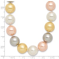 Sterling Silver Rhodium-plated 12-13mm Yellow, Pink and White Multi-Color Imitation Shell Pearl Hand-knotted Necklace, 18" view 5