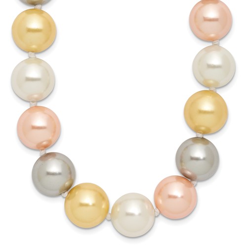 Sterling Silver Rhodium-plated 12-13mm Yellow, Pink and White Multi-Color Imitation Shell Pearl Hand-knotted Necklace, 18"
