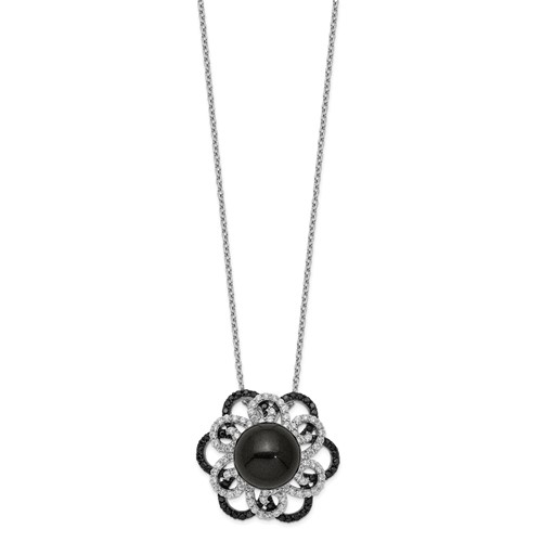 Sterling Silver Majestik Rh-pl 12-13mm Blk Shell Blk Wht CZ Necklace