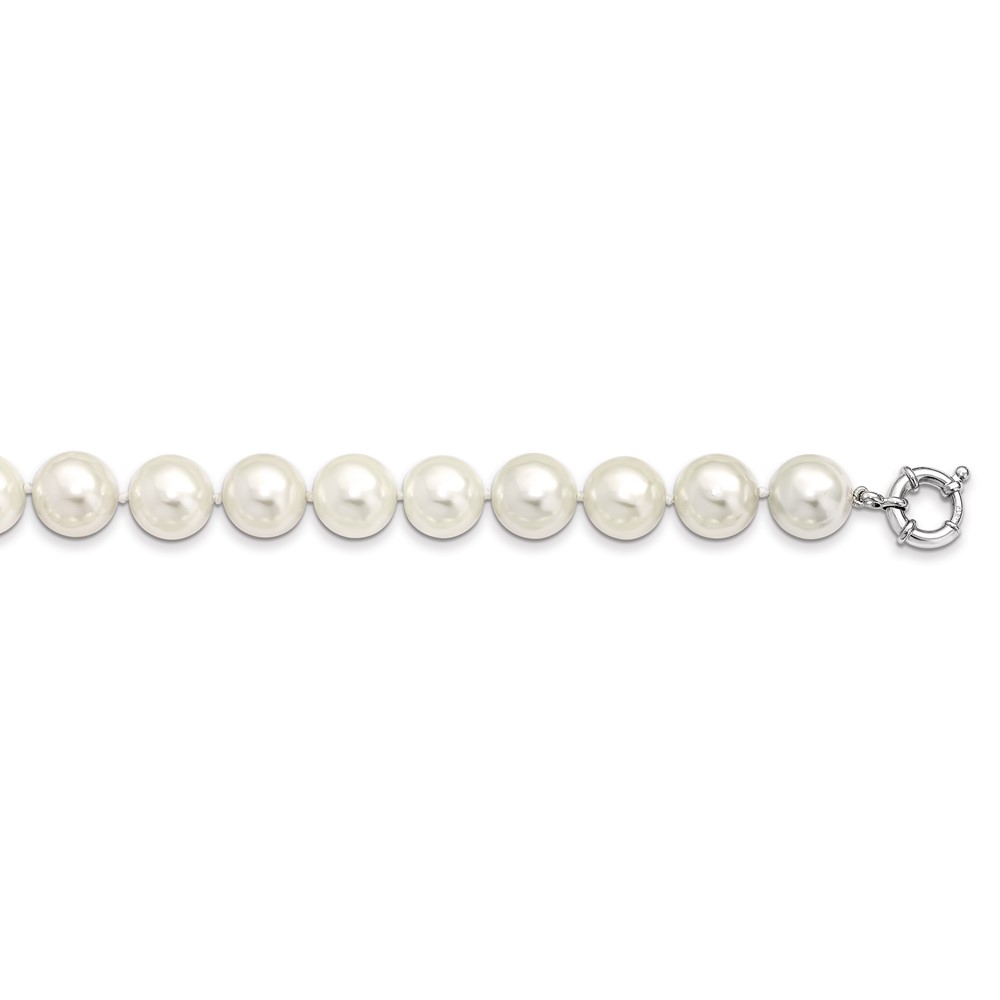 Sterling Silver Rhodium-plated 14-15mm White Shell Pearl Hand-knotted Necklace, 18"