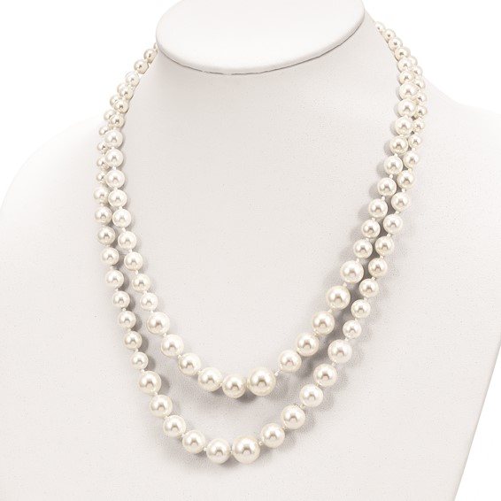 Majestik Sterling Silver Rhodium-plated 2 Row 6-12mm Graduated White Imitation Shell Pearl Hand-knotted Necklace with 2 inch Extender