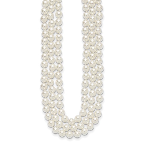 Majestik Sterling Silver Rhodium-plated 3 Row 10-11mm White Imitation Shell Pearl Hand-knotted Necklace