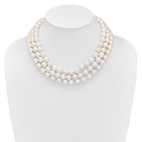 Majestik Sterling Silver Rhodium-plated 3 Row 10-11mm White Imitation Shell Pearl Hand-knotted Necklace