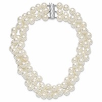 Sterling Silver Rhodium-plated 3 Row 10-11mm White Shell Pearl Hand-knotted Necklace, 18" view 5