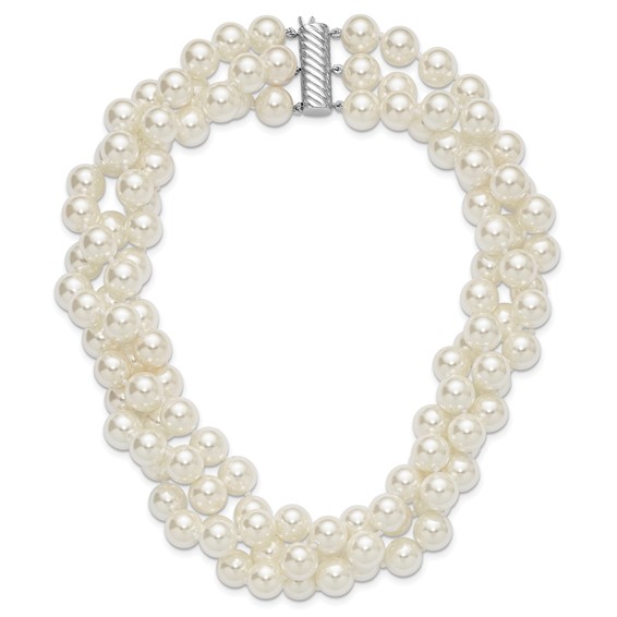 Majestik Sterling Silver Rhodium-plated 3 Row 10-11mm White Imitation Shell Pearl Hand-knotted Necklace