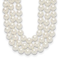 Sterling Silver Rhodium-plated 3 Row 10-11mm White Shell Pearl Hand-knotted Necklace, 18" view 1