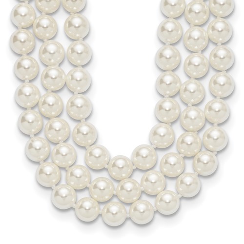Sterling Silver Rhodium-plated 3 Row 10-11mm White Shell Pearl Hand-knotted Necklace, 18"