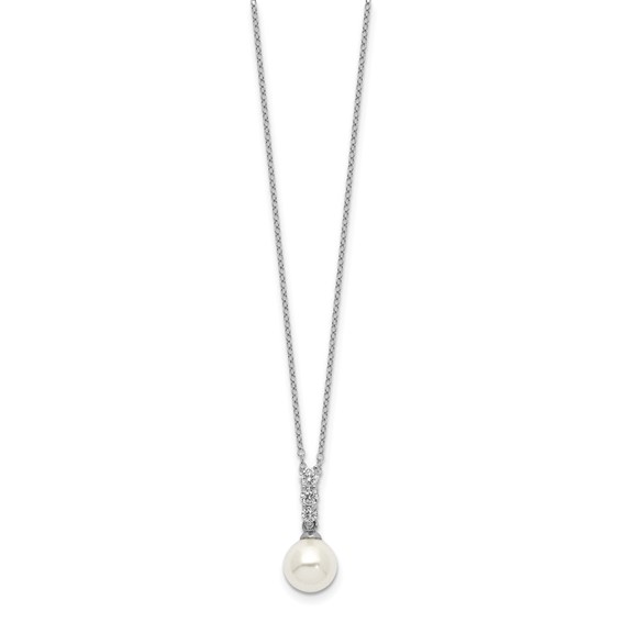 Majestik Sterling Silver Rhodium-plated 8-9mm Imitation Shell Pearl CZ Spring Ring Clasp 17 inch Necklace