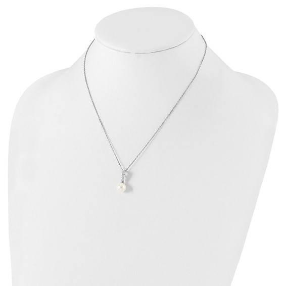 Majestik Sterling Silver Rhodium-plated 8-9mm Imitation Shell Pearl CZ Spring Ring Clasp 17 inch Necklace