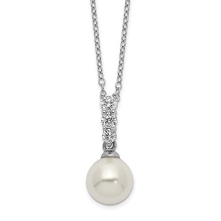 Majestik Sterling Silver Rhodium-plated 8-9mm Imitation Shell Pearl CZ Spring Ring Clasp 17 inch Necklace
