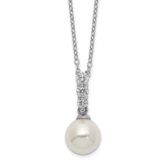 Majestik Sterling Silver Rhodium-plated 8-9mm Imitation Shell Pearl CZ Spring Ring Clasp 17 inch Necklace