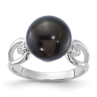 Sterling Silver Majestik 10-11mm Black Shell Bead & CZ Ring