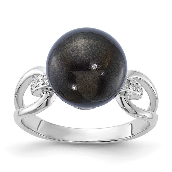 Sterling Silver Majestik 10-11mm Black Shell Bead & CZ Ring