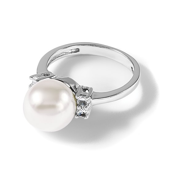 Majestik Sterling Silver Rhodium-plated Size 6 10-11mm White Imitation Shell Pearl and CZ Ring