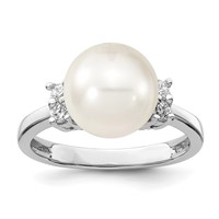 Sterling Silver Rhodium-plated 10-11mm White Shell Pearl and CZ Ring view 1