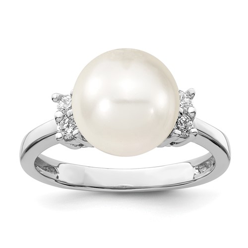 Sterling Silver Rhodium-plated 10-11mm White Shell Pearl and CZ Ring, Size 6