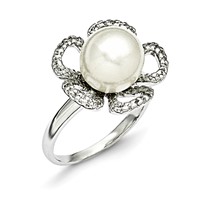 Sterling Silver Majestik 10-11mm White Shell Bead & CZ Ring view 1