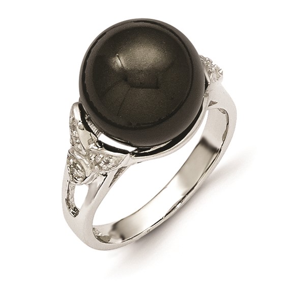 Sterling Silver Majestik 12-13mm Black Shell Bead & CZ Ring