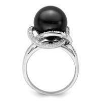 Sterling Silver Rhodium-plated 12-13mm Black Shell Pearl and CZ Ring view 2