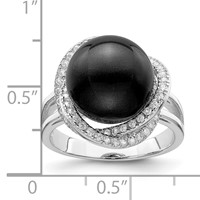 Sterling Silver Rhodium-plated 12-13mm Black Shell Pearl and CZ Ring view 4