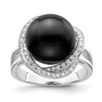 Sterling Silver Rhodium-plated 12-13mm Black Shell Pearl and CZ Ring view 1