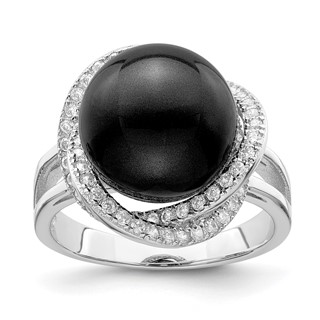 Majestik Sterling Silver Rhodium-plated Size 6 12-13mm Black Imitation Shell Pearl and CZ Ring