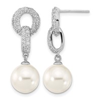 Sterling Silver Rhodium-plated 10-11mm White Imitation Shell Pearl and CZ Earrings and Necklace Set, 17" view 2