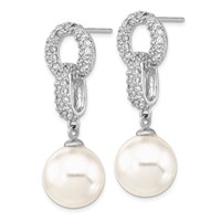 Sterling Silver Rhodium-plated 10-11mm White Imitation Shell Pearl and CZ Earrings and Necklace Set, 17" view 3
