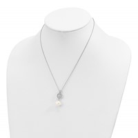 Sterling Silver Rhodium-plated 10-11mm White Imitation Shell Pearl and CZ Earrings and Necklace Set, 17" view 4