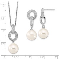 Sterling Silver Rhodium-plated 10-11mm White Imitation Shell Pearl and CZ Earrings and Necklace Set, 17" view 5
