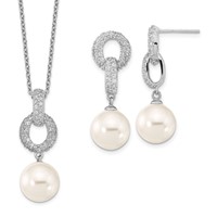 Sterling Silver Rhodium-plated 10-11mm White Imitation Shell Pearl and CZ Earrings and Necklace Set, 17" view 1